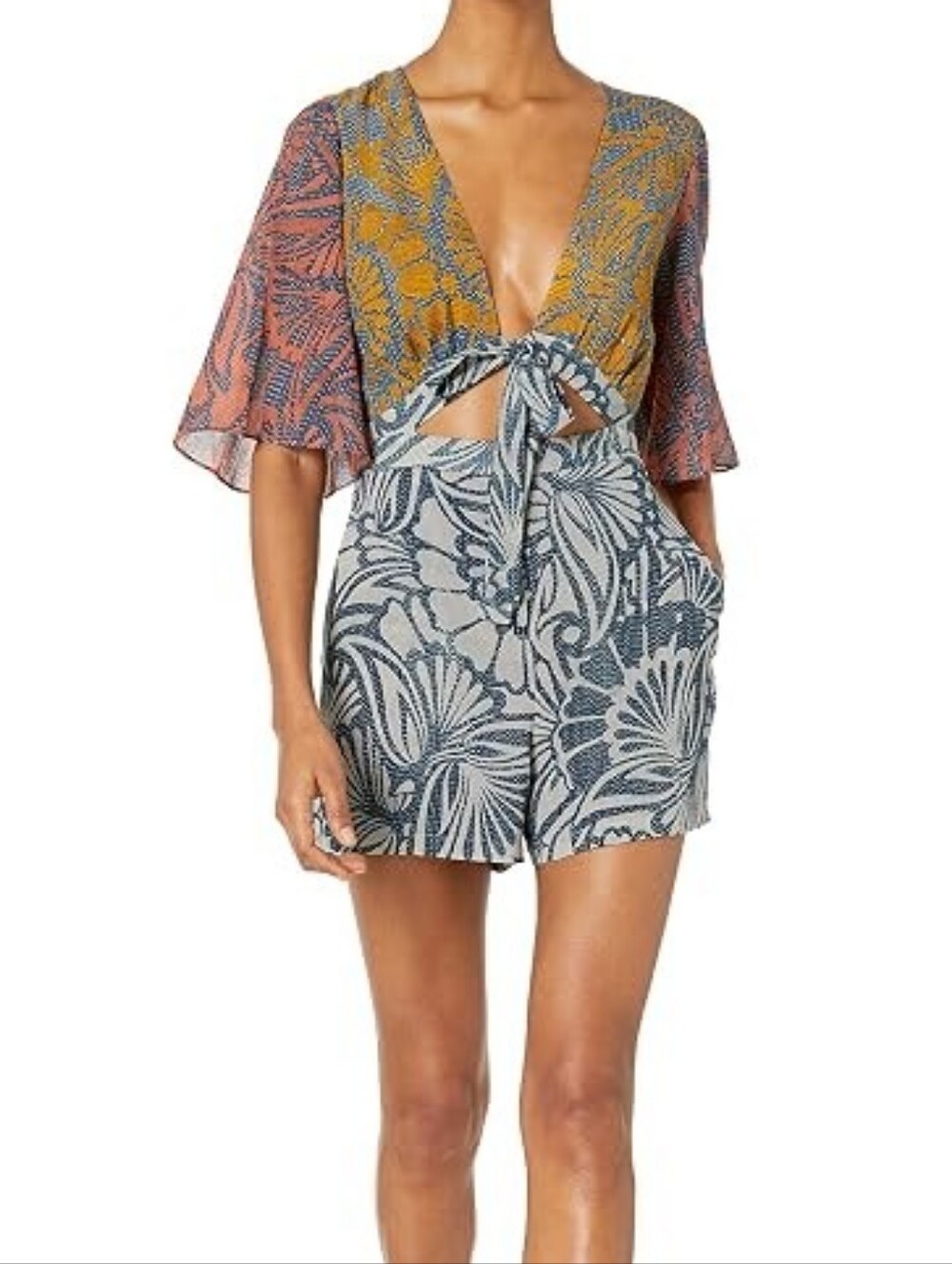 BCBGMaxAzria Multicolor Floral Print Romper - Blue, Mustard, Coral